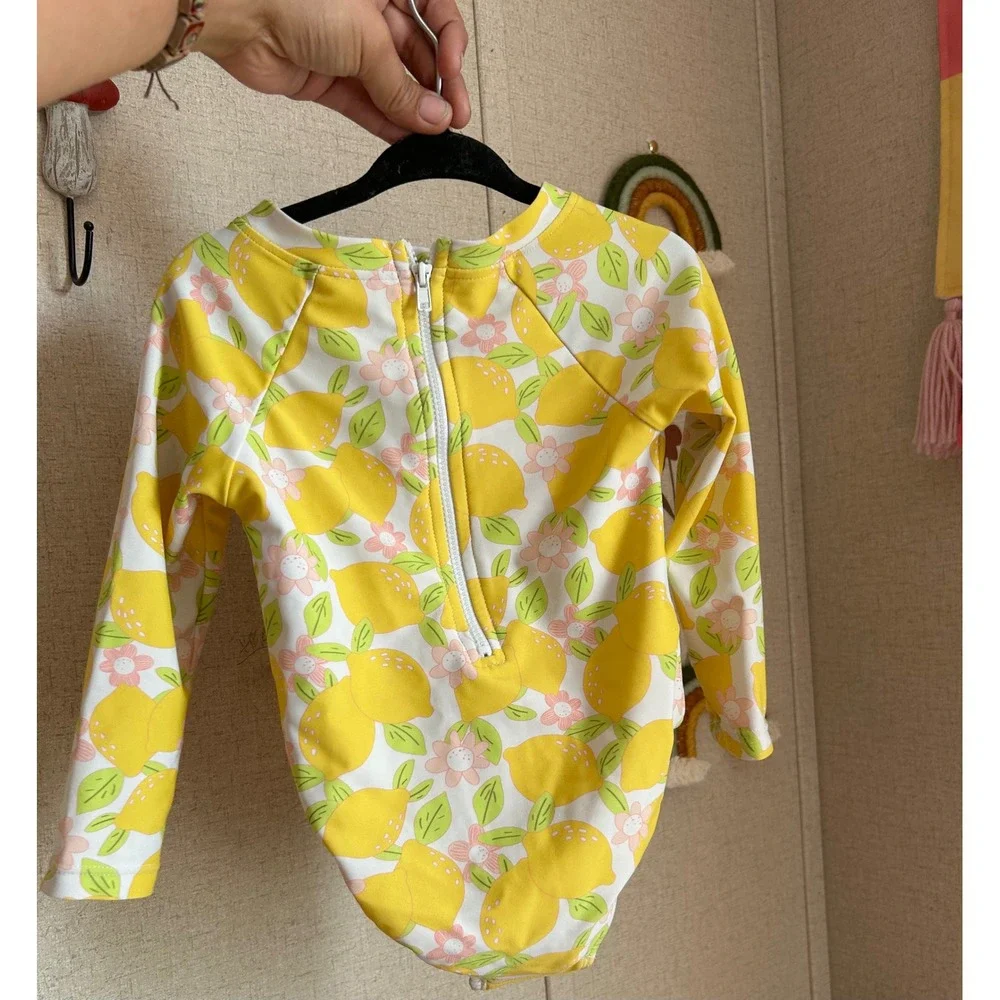 Kids Lemon Floral Long Sleeve One Piece Swimsuit Yellow Rash Guard